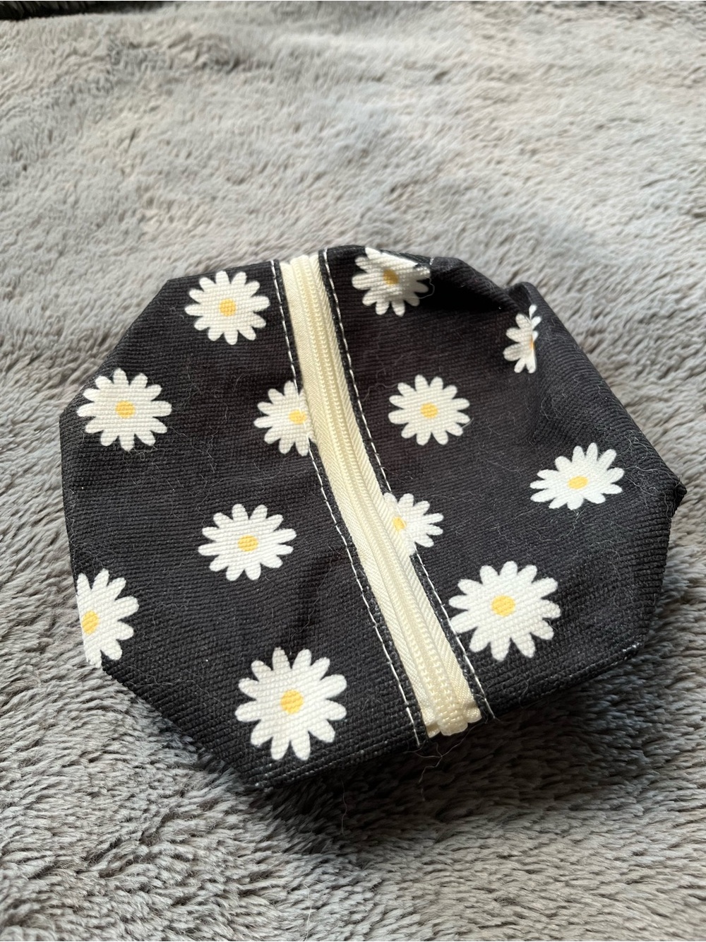 Black Daisy Zip Pouch - Floral Canvas Makeup Bag